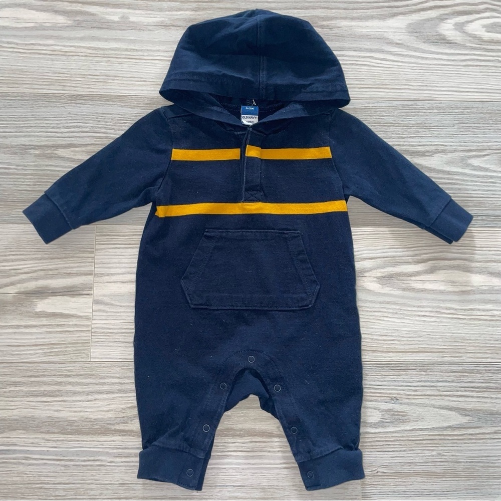 Old Navy Baby Boys Hooded One-Piece Romper 0–3M Blue Kangaroo Pocket